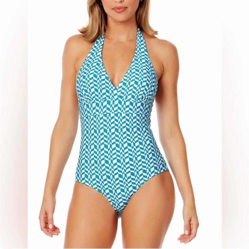 Anne Cole Marilyn Halter One Piece Swimsuit - Turquoise/White - 16 - NWT